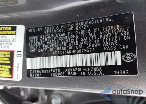 2023 Toyota Camry Le из США, поврежденный, VIN 4T1C11AK9PU079571